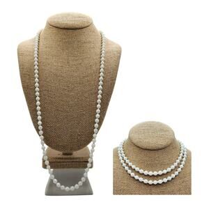 Mid Century Milk Glass Faceted Bead Necklace 31" Wear Long or Doubled as Choker